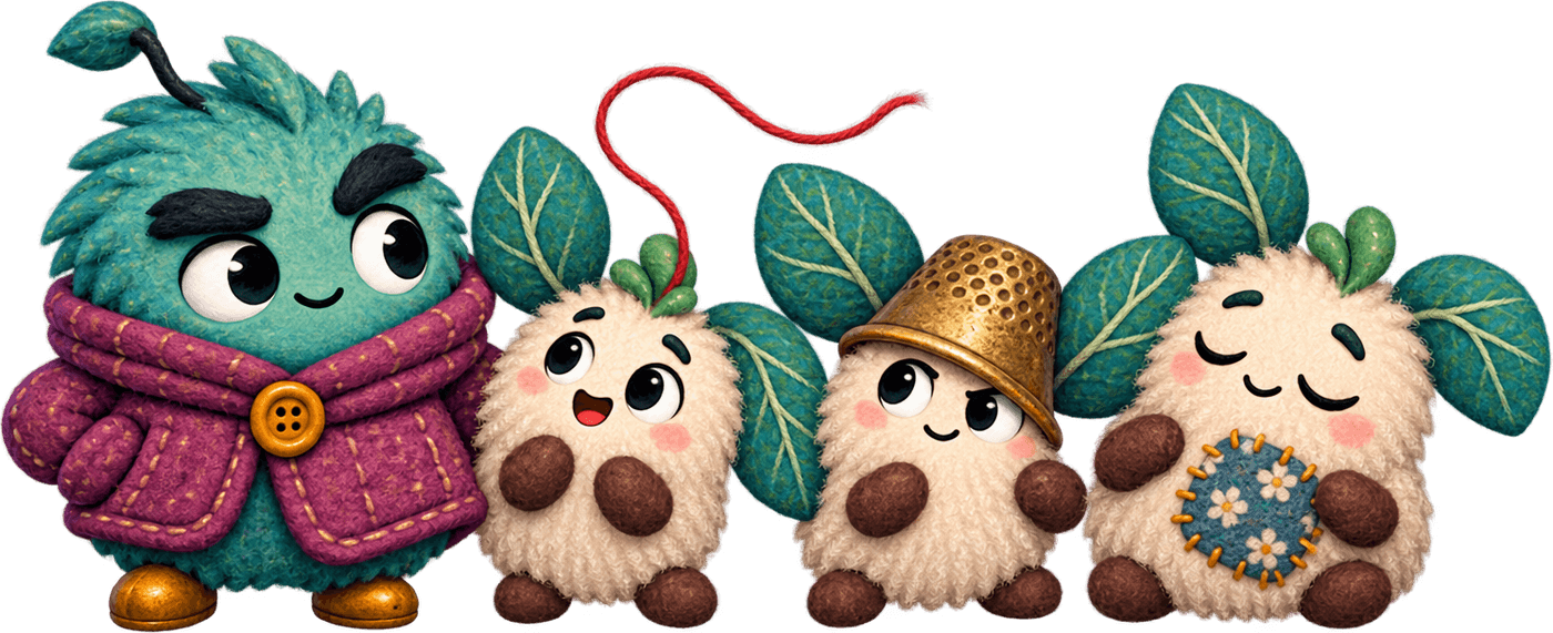 Rook in a plum stitched coat beside three cream Lints: Bobbin with a red thread, Thimble in a brass thimble helmet, and sleepy Patch with a flowered patch