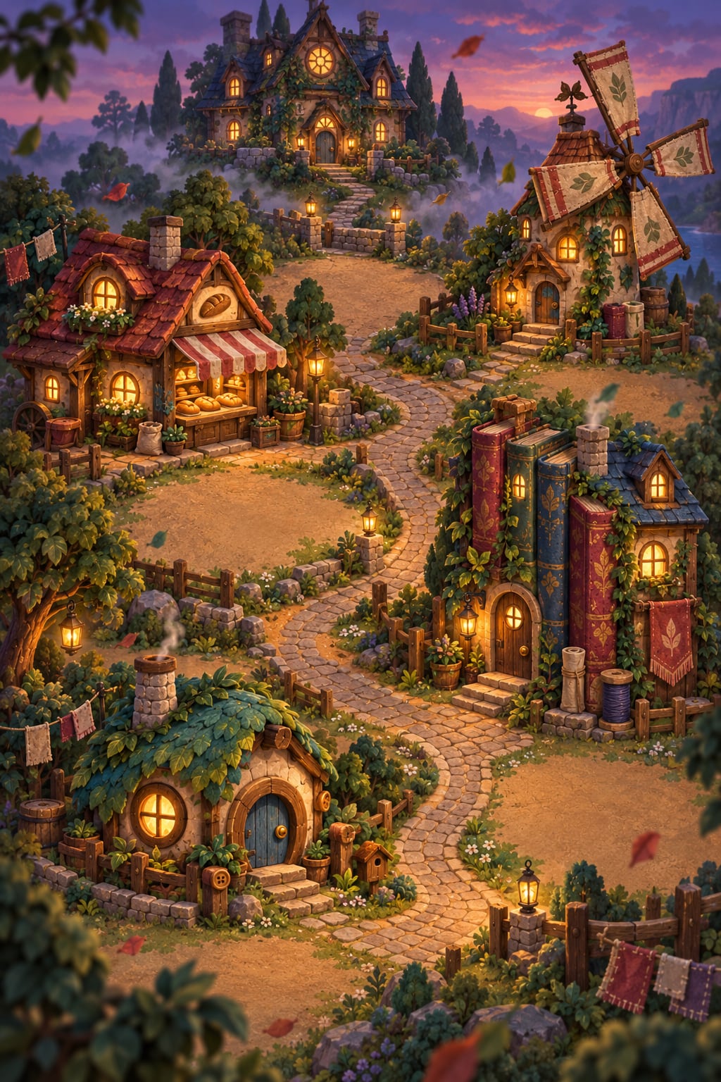 A painted neighbourhood at dusk: a cottage with a leafy roof, a house built from giant books, a bakery, a windmill and a manor on the hill